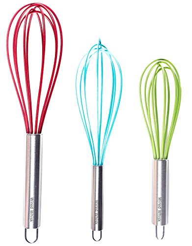 Silicone Whisk Set of 3 - Stainless Steel & Silicone Non-Stick Coating – Colored Balloon Egg Beater for Blending, Whisking, Beating, Frothing & Stirring (12-inch, 10-inch & 8.5-inch)