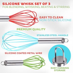 Silicone Whisk Set of 3 - Stainless Steel & Silicone Non-Stick Coating – Colored Balloon Egg Beater for Blending, Whisking, Beating, Frothing & Stirring (12-inch, 10-inch & 8.5-inch)