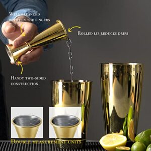 Homestia Stainless Steel Muddler for Cocktails, 3 PCS Bar Tools: 10" Drink Muddler, 12" Cocktail Spoon, 1 oz 2 oz Jigger, Gold Mixing Tools for Drinks, Mini Home Bar Tool Set for Alcohol Beverages