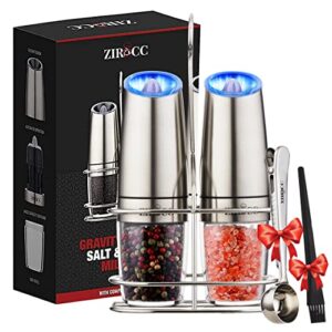 gravity electric pepper and salt grinder set-adjustable coarseness-battery powered with led light-one hand automatic operation-stainless steel 2 pack- kitchen gadgets gifts ideas by zirocc