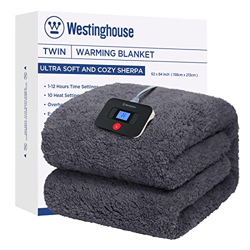 Westinghouse Electric Blanket Twin Size, Soft Plush Sherpa Heated Blanket with 10 Heating Levels & 1-12 Hours Auto-Off, Machine Washable, 62x84 inches, Darkgrey