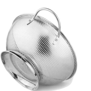 dld stainless steel micro-perforated 5-quart colander - professional strainer with heavy duty handles and self-draining solid ring base - dishwasher safe