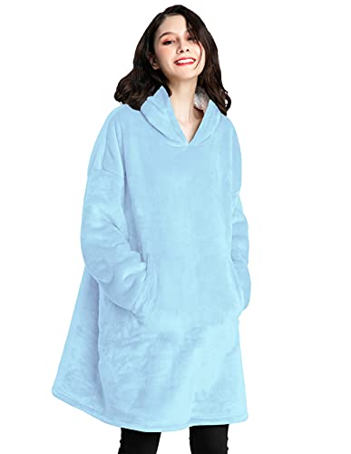 Cmtpuy Sweatshirt Blanket,Oversized Sherpa Hoodie,Fleece Blanket,Sherpa Pullover for Womens,Mens,Children,Wearable Blanket (Light Blue)