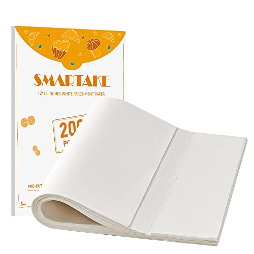 SMARTAKE 200 Pcs Parchment Paper Baking Sheets, 12x16 Inch Non-Stick Precut Baking Parchment, Suitable for Baking Grilling Air Fryer Steaming Bread Cup Cake Cookie and More (White)