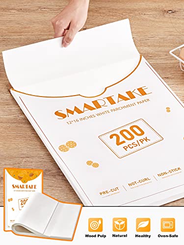 SMARTAKE 200 Pcs Parchment Paper Baking Sheets, 12x16 Inch Non-Stick Precut Baking Parchment, Suitable for Baking Grilling Air Fryer Steaming Bread Cup Cake Cookie and More (White)