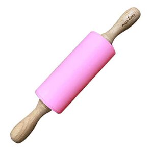 mini silicone rolling pin for kids baking - nonstick surface wooden handle (9" small)