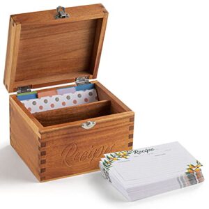 LUTANI Acacia Recipe Box with Cards - Blank Recipe Box Wooden Set Come with 50 4x6 Recipe Cards, 8 Dividers, Cards Made with Thick Card Stock. Perfect Recipe Organizer (Acacia Wood)