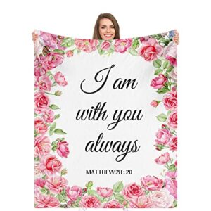 christian blanket with inspirational thoughts and prayers, pink rose flowers ultra soft religious bible verse gifts blankets, warm plush healing throw blankets, 60"x50"