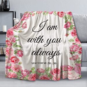 Christian Blanket with Inspirational Thoughts and Prayers, Pink Rose Flowers Ultra Soft Religious Bible Verse Gifts Blankets, Warm Plush Healing Throw Blankets, 60"x50"