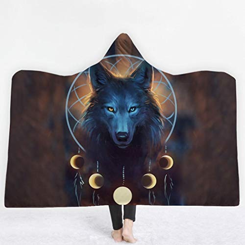 Kugin Soft Hoodie Blanket Adult Men Women, Wearable Hooded Animal Blankets, Mystical Wolf Pattern, Soft Cozy Fleece Blanket 59"x79 (Blanket 11,1500x1300mm)