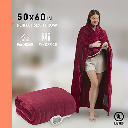 Soft Plush Electric Heated Blanket Throw | Red 50 x 60 | 3 Heat Settings with 2 Hour Auto Shut Off | Machine Washable