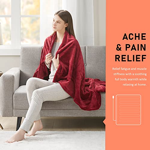 Soft Plush Electric Heated Blanket Throw | Red 50 x 60 | 3 Heat Settings with 2 Hour Auto Shut Off | Machine Washable