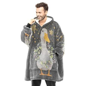 nzoohy cute duck snowflake sherpa blanket hoodie wearable blanket oversized hoodie blanket gift for adult women men teens, one size fits all