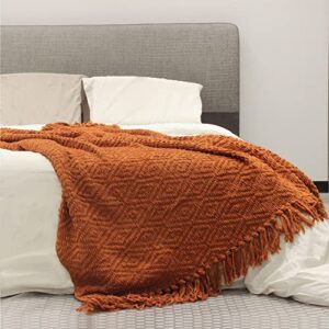 JOOJA Throw Blanket for Couch Knit Blanket Textured Chenille Blanket for Bed Super Soft Cozy Warm Blanket with Tassels for Chair Sofa Living Room, 50x60 Inches Burnt Orange