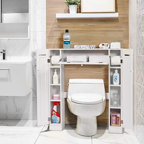 Bathroom Organizer Over The Toilet Storage Cabinet Bathroom Shelf Space Saver with Paper Holder and Adjustable Shelves, Freestanding Wooden Bathroom Storage Cabinet Over Toilet Rack, White