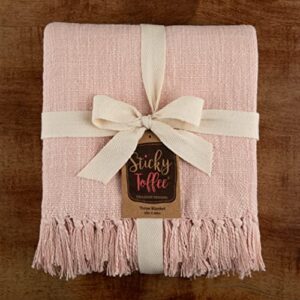 Sticky Toffee Blush Pink Woven Cotton Throw Blanket with Fringe, Textured Throw Blankets, Thick and Durable Decorative Throw, Oeko-Tex Cotton, 50 in x 60 in