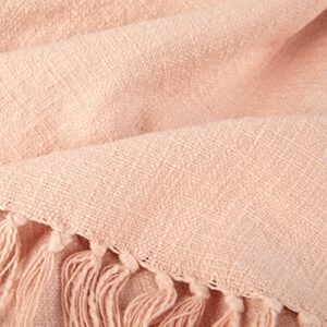 sticky toffee blush pink woven cotton throw blanket with fringe, textured throw blankets, thick and durable decorative throw, oeko-tex cotton, 50 in x 60 in