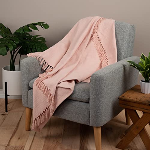 Sticky Toffee Blush Pink Woven Cotton Throw Blanket with Fringe, Textured Throw Blankets, Thick and Durable Decorative Throw, Oeko-Tex Cotton, 50 in x 60 in