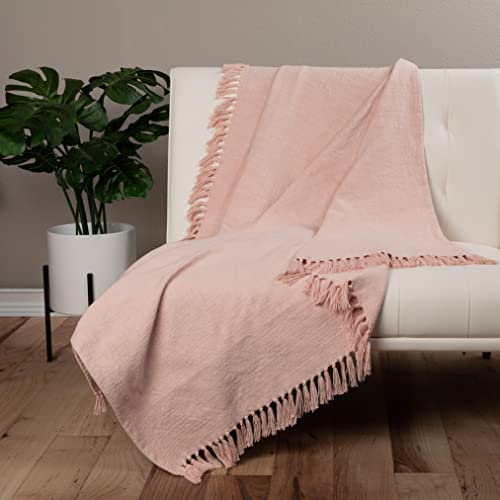 Sticky Toffee Blush Pink Woven Cotton Throw Blanket with Fringe, Textured Throw Blankets, Thick and Durable Decorative Throw, Oeko-Tex Cotton, 50 in x 60 in