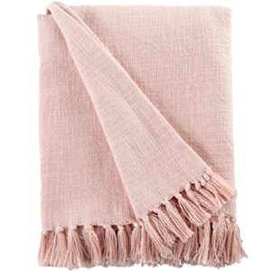 Sticky Toffee Blush Pink Woven Cotton Throw Blanket with Fringe, Textured Throw Blankets, Thick and Durable Decorative Throw, Oeko-Tex Cotton, 50 in x 60 in