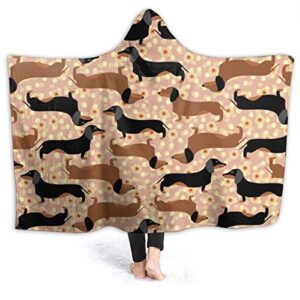 Dachshund and Flower Hoodie Blanket Wearable Throw Blankets for Couch Blanket Hooded for Baby Kids Men Women