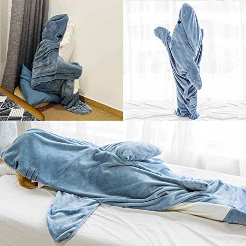 2023 New Shark Onesie Blanket Adult, Wearable Shark Blanket Hoodie for Adult, Shark Blanket Super Soft Cozy Flannel Hoodie Adult Shark Sleeping Bag (XL:210 * 90cm)