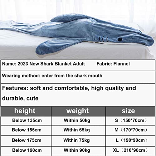 2023 New Shark Onesie Blanket Adult, Wearable Shark Blanket Hoodie for Adult, Shark Blanket Super Soft Cozy Flannel Hoodie Adult Shark Sleeping Bag (XL:210 * 90cm)