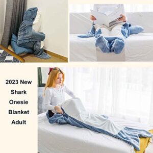 2023 New Shark Onesie Blanket Adult, Wearable Shark Blanket Hoodie for Adult, Shark Blanket Super Soft Cozy Flannel Hoodie Adult Shark Sleeping Bag (XL:210 * 90cm)