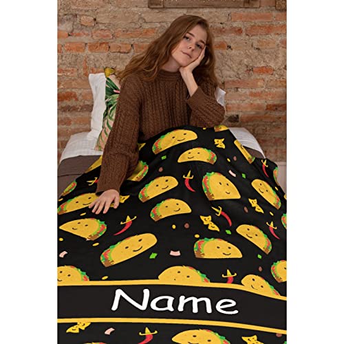 Atthadassi Custom Cute Taco Tuesday Party Blanket with Name, Flannel Throw for Personalized Customized with Text for Girl Boy Kids Adult 50"x60"