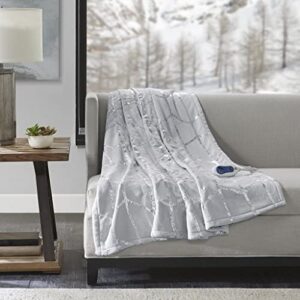 sleep philosophy true north raina electric blanket plush throws-low emf-50" x 60"-metallic geometric print cozy soft-3-setting heat controller-5 years warranty, 50x60 inches, grey