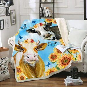 Onecmore Funny Cow Blanket for Kids Girl Cow Print Blanket for Women Cow Gifts for Cow Lovers Farm Animal Sunflower butterfly Soft Cozy Birthday Gifts for Couch Bed Chair Sofa Livingroom Decor 50"x60"