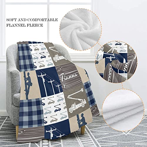 Personalized Lineman Plaid Patchwork Blanket with Name Text Custom Super Soft Fleece Throw Blankets for Couch Sofa Bed 50 X 60 inches