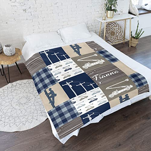 Personalized Lineman Plaid Patchwork Blanket with Name Text Custom Super Soft Fleece Throw Blankets for Couch Sofa Bed 50 X 60 inches