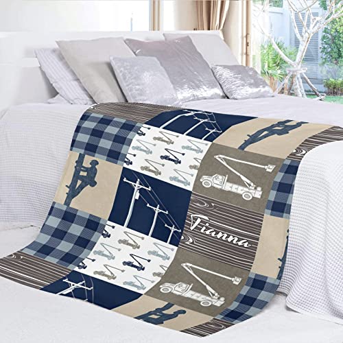 Personalized Lineman Plaid Patchwork Blanket with Name Text Custom Super Soft Fleece Throw Blankets for Couch Sofa Bed 50 X 60 inches