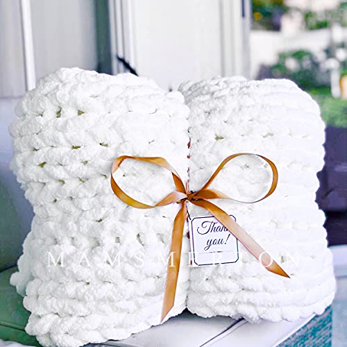 Mansmerton Chunky Knit Blanket Throw-50 x60，White- Soft Chenille Yarn Knit Blanket for Bed，Sofa -Machine Washable，Handmade-Large Cable Knit Weighted Blanket -Home，Bedroom Decor Gift for Mom&Her