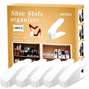 antigo shoe slots organizer，20 pcs adjustable shoe stacker for closet organization, double deck shoe rack holder storage space saver (white)