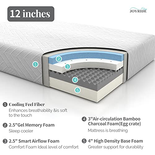 JOYRIDE SLEEP Memory Foam Mattress,12 Inch,Infused Bamboo Charcoal,Cooling Gel Infused, Medium Firm,Pressure Relief,Bed in a Box (Twin Size)