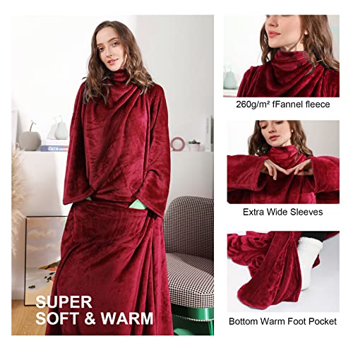 BALWYN TV Blanket with Sleeves Microfibre Foot Pocket Sleeves Fleece, 170 x 200 cm (Red)
