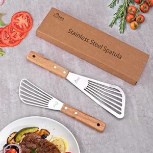 HOTEC Stainless Steel Thin Slotted Fish Turner Spatula with wooden handle