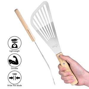 HOTEC Stainless Steel Thin Slotted Fish Turner Spatula with wooden handle