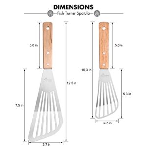 HOTEC Stainless Steel Thin Slotted Fish Turner Spatula with wooden handle