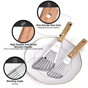 HOTEC Stainless Steel Thin Slotted Fish Turner Spatula with wooden handle