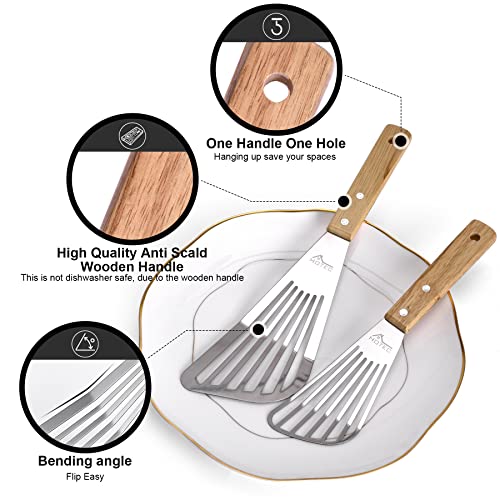 HOTEC Stainless Steel Thin Slotted Fish Turner Spatula with wooden handle