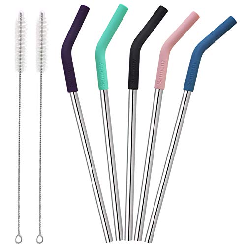 Senneny Set of 5 Stainless Steel Straws with Silicone Flex Tips Elbows Cover, 2 Cleaning Brushes and 1 Portable Bag Included (Silver)- 8mm diameter