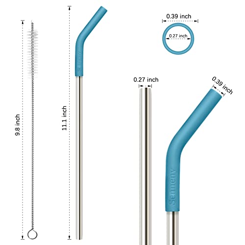 Senneny Set of 5 Stainless Steel Straws with Silicone Flex Tips Elbows Cover, 2 Cleaning Brushes and 1 Portable Bag Included (Silver)- 8mm diameter