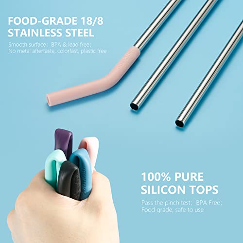 Senneny Set of 5 Stainless Steel Straws with Silicone Flex Tips Elbows Cover, 2 Cleaning Brushes and 1 Portable Bag Included (Silver)- 8mm diameter