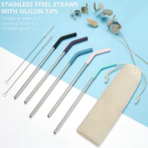 Senneny Set of 5 Stainless Steel Straws with Silicone Flex Tips Elbows Cover, 2 Cleaning Brushes and 1 Portable Bag Included (Silver)- 8mm diameter