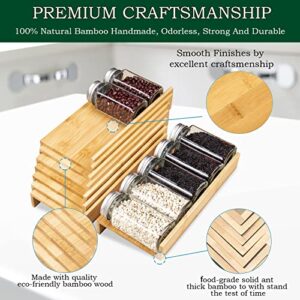 Spice Rack Organizer for Drawer, 8pcs Adjustable Expandable Kitchen Spice Rack Organizer, With Non-slip Sticker and 16 Labels, 4 Tiers Bamboo Spice Rack for Drawer, Cabinet, Countertop,18''W x16.5''D