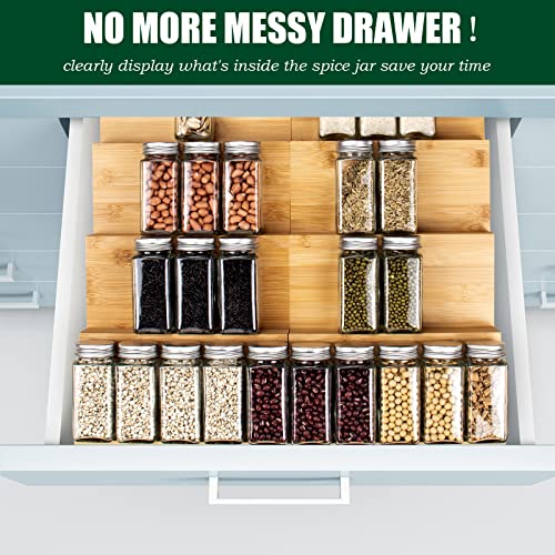 Spice Rack Organizer for Drawer, 8pcs Adjustable Expandable Kitchen Spice Rack Organizer, With Non-slip Sticker and 16 Labels, 4 Tiers Bamboo Spice Rack for Drawer, Cabinet, Countertop,18''W x16.5''D