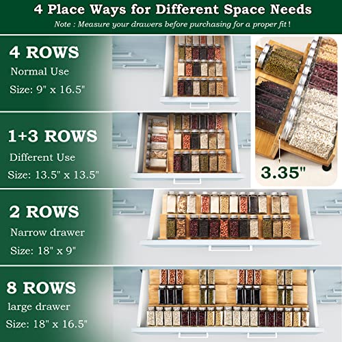 Spice Rack Organizer for Drawer, 8pcs Adjustable Expandable Kitchen Spice Rack Organizer, With Non-slip Sticker and 16 Labels, 4 Tiers Bamboo Spice Rack for Drawer, Cabinet, Countertop,18''W x16.5''D